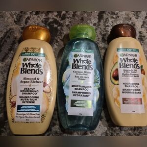 3 Garnier Whole Blends Shampoos; Almond & Argan Riches/Coconut Water & Aloe/avoc